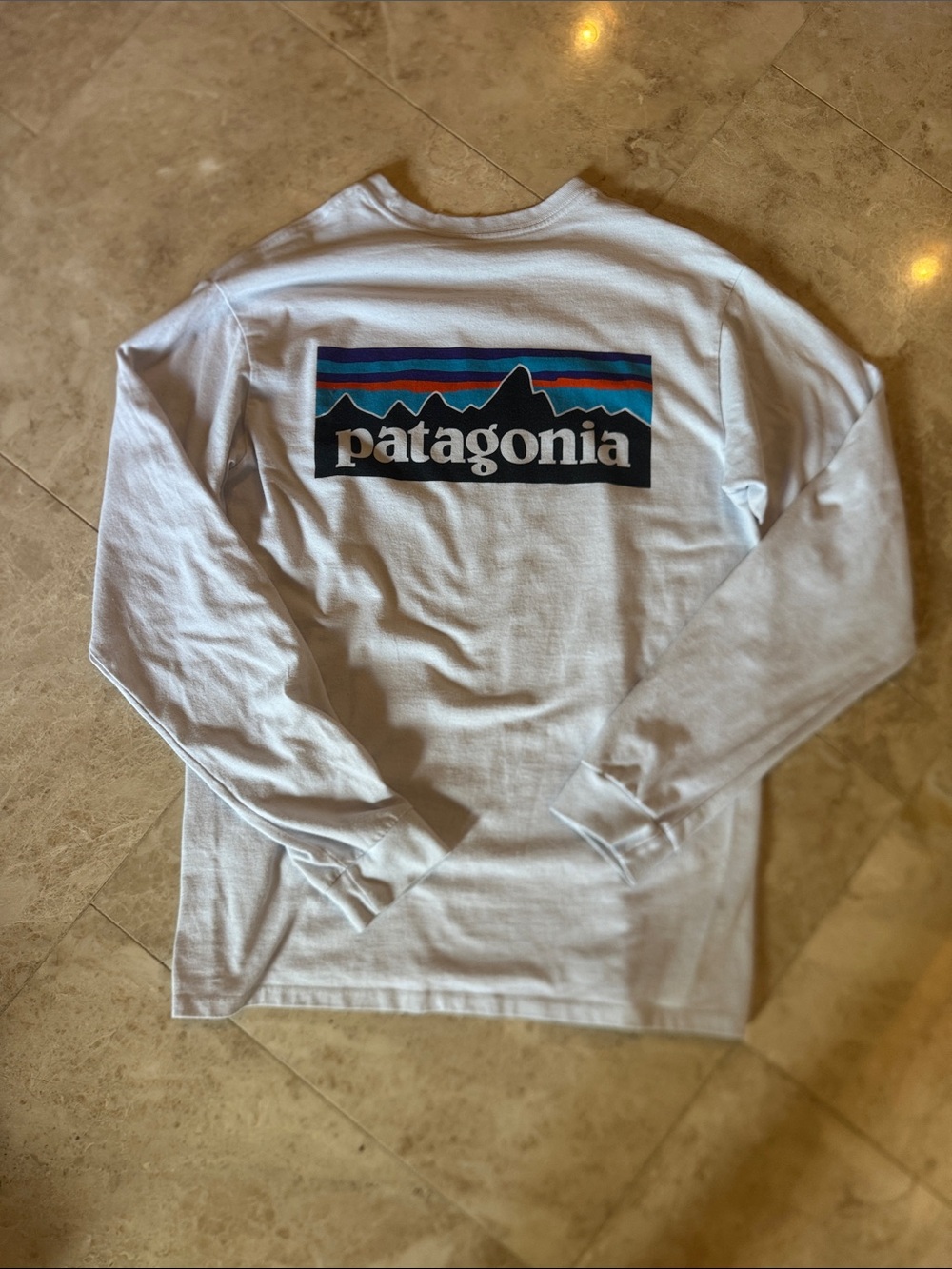 Patagonia White Long Sleeve Tee with Multicolor Mountain Logo